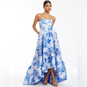 Mestiza Blue and White Floral High Low Ruffle Hem Georgiana Evening Gown
